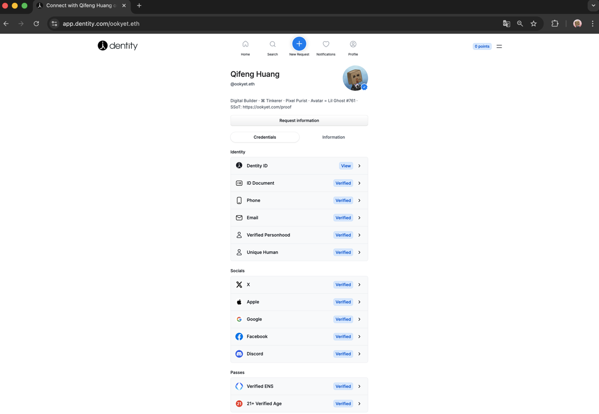Verified claims on Didentity Didentity profile for ookyet.eth showing Verified ENS and Proof of Humanity