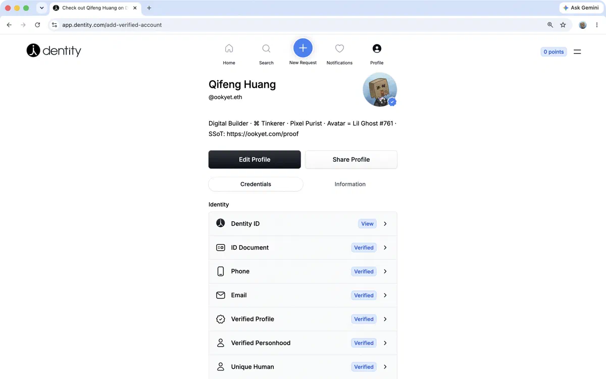 Didentity profile for ookyet.eth showing Verified ENS and Proof of Humanity