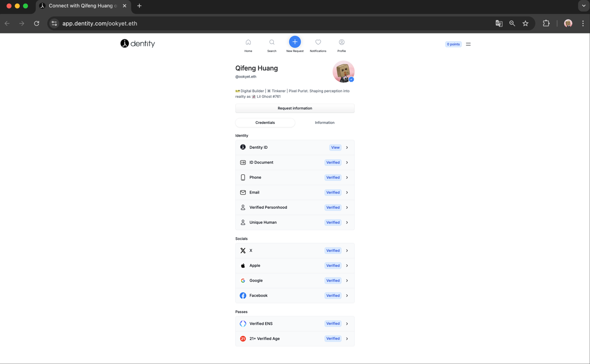 Didentity profile for ookyet.eth showing Verified ENS and Proof of Humanity