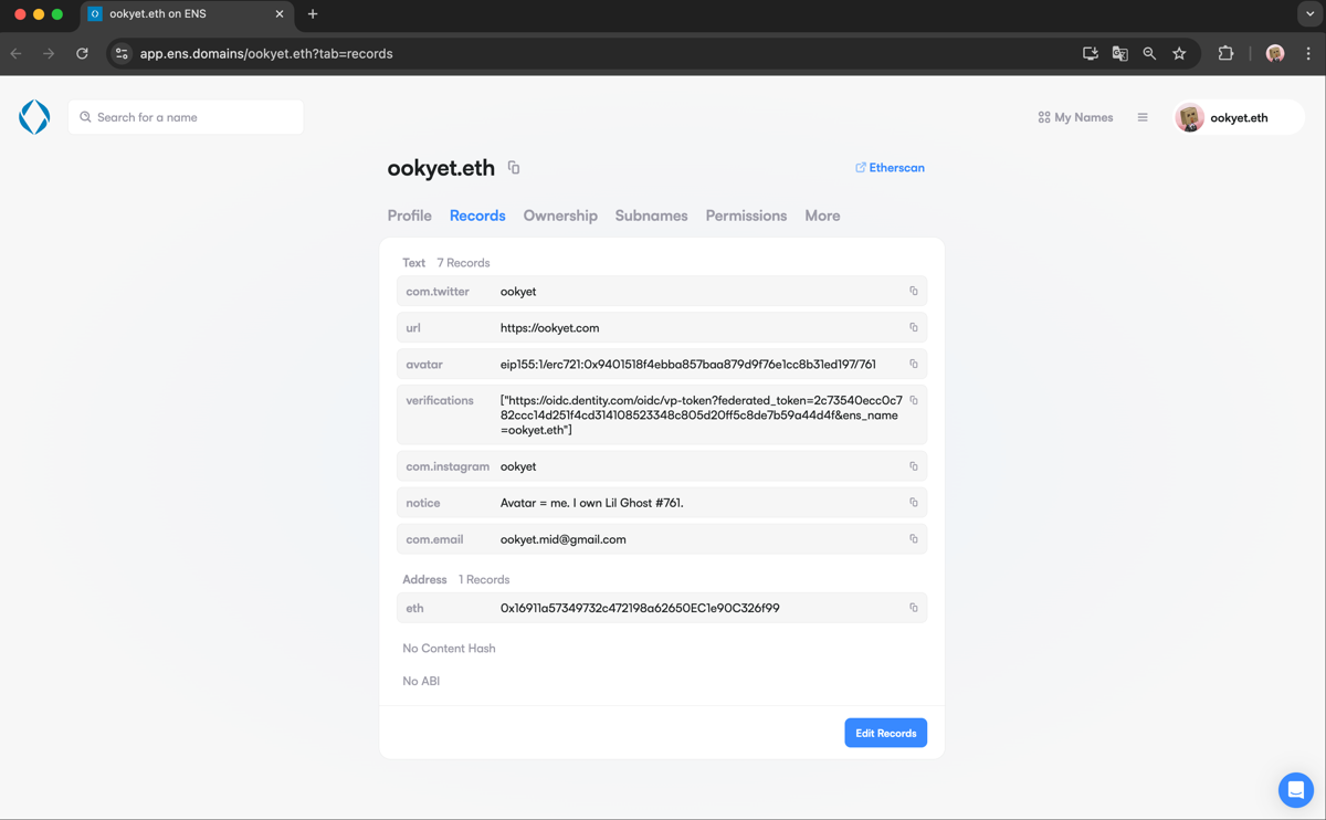 ENS Profile Text Records for ookyet.eth