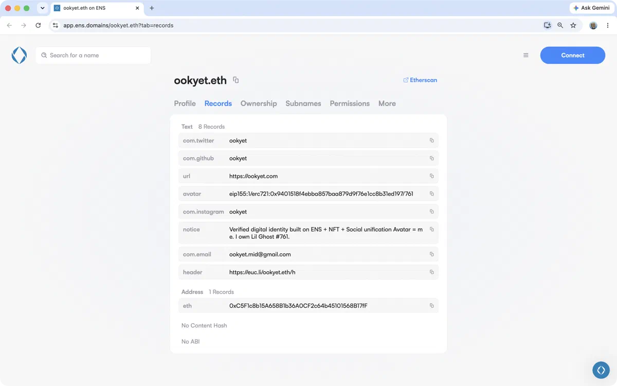 ENS Profile Text Records for ookyet.eth