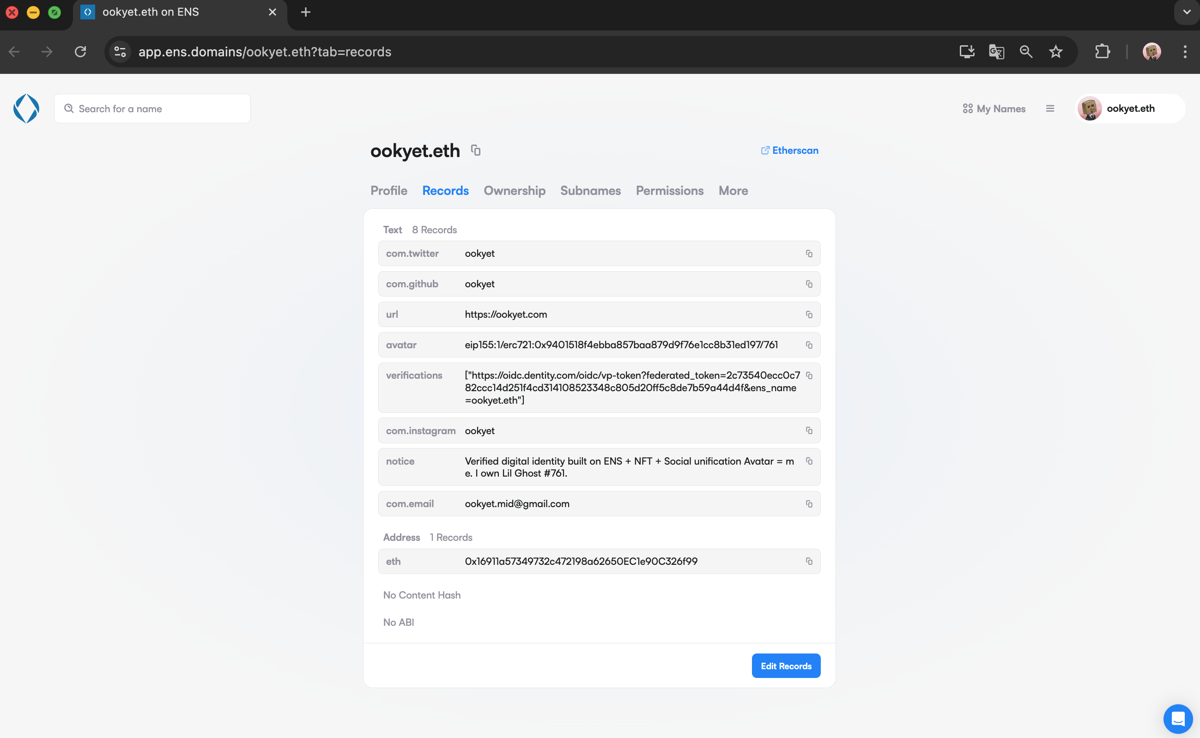 ENS text records: avatar / url / verifications ENS Profile Text Records for ookyet.eth