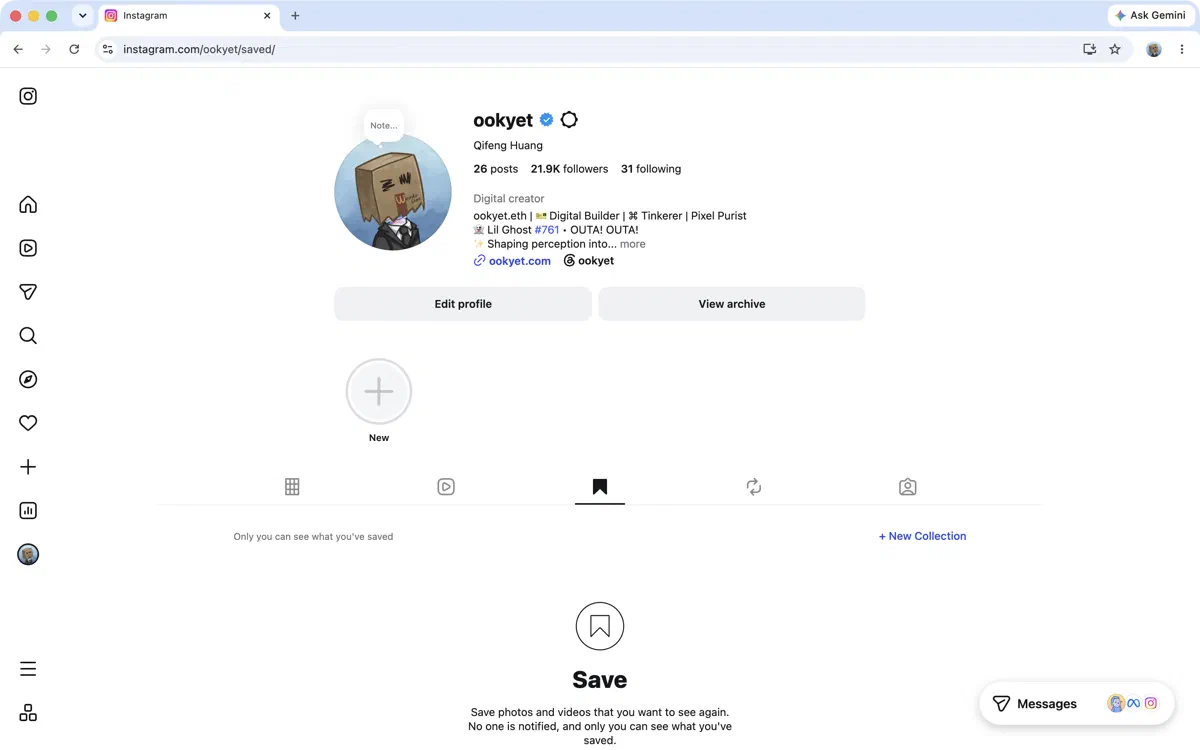 Instagram profile @ookyet — avatar and links consistent with ookyet.eth