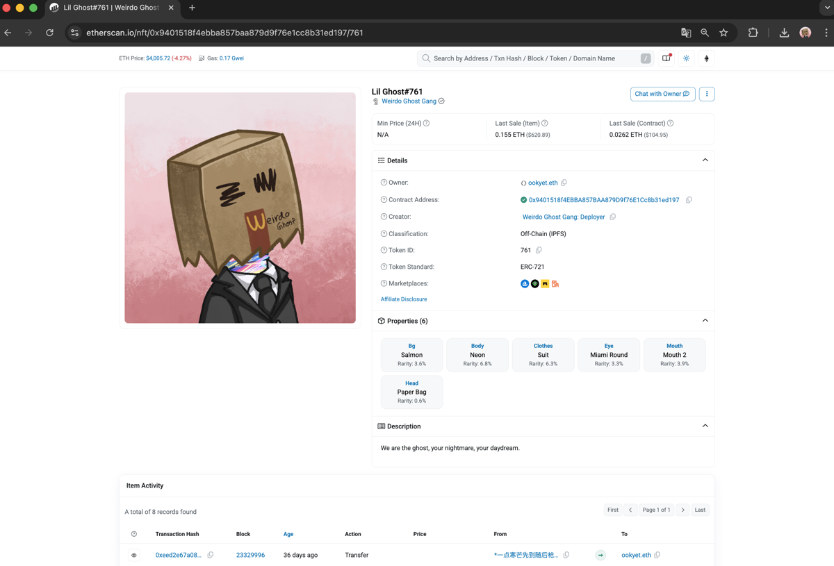 WGG — Lil Ghost #761 (ERC-721, Ethereum mainnet) OpenSea ownership snapshot for Weirdo Ghost Gang Lil Ghost #761