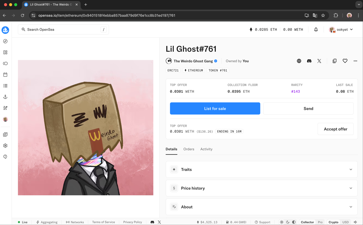 OpenSea ownership snapshot for Weirdo Ghost Gang Lil Ghost #761