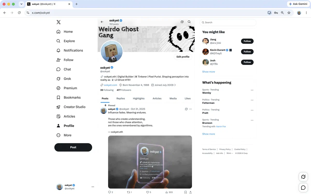 X (Twitter) profile @ookyet — avatar and links consistent with ookyet.eth